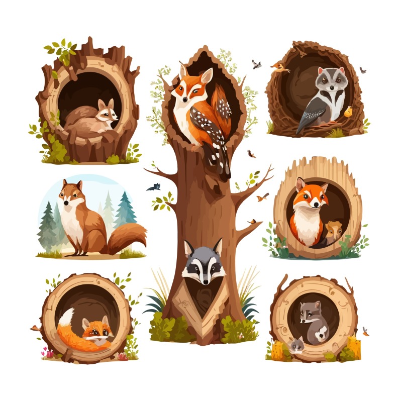 Tree hole and animals icon pattern set (2)