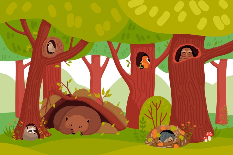 Tree hole and animals icon pattern set (28)