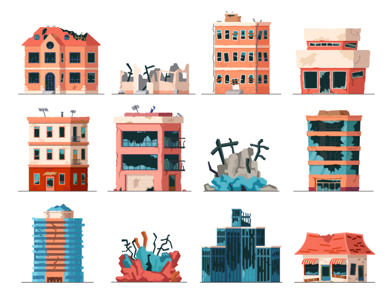 Dilapidated house icon pattern set (14)
