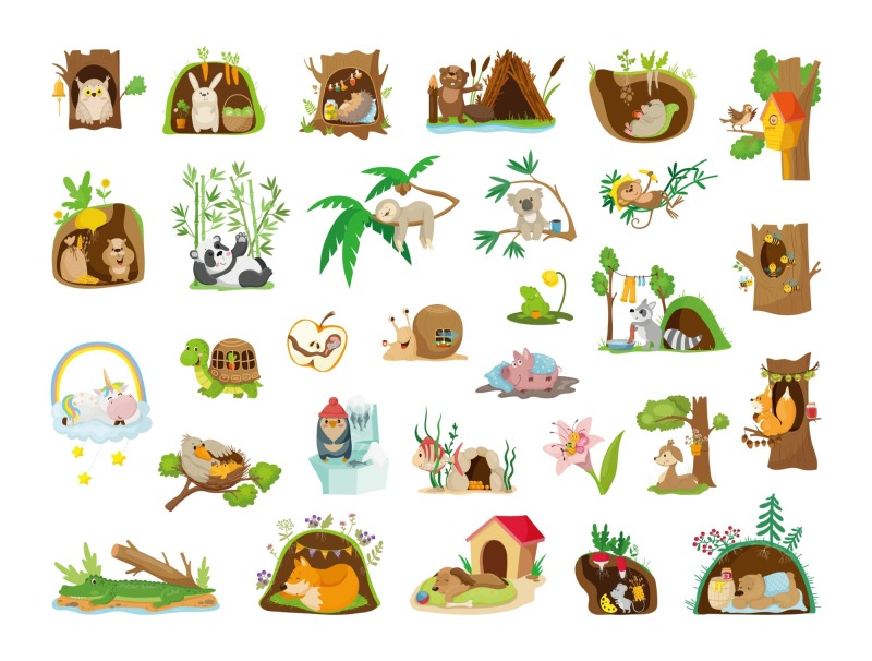 Tree hole and animals icon pattern set (25)