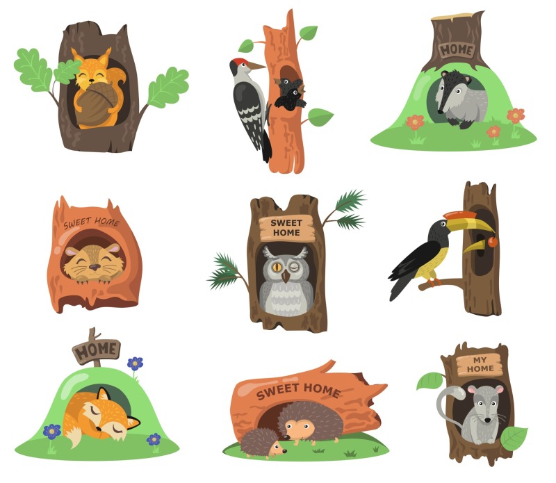 Tree hole and animals icon pattern set (7)