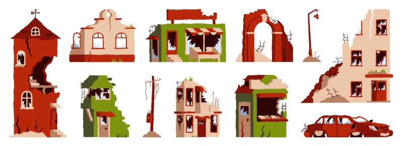 Dilapidated house icon pattern set (15)