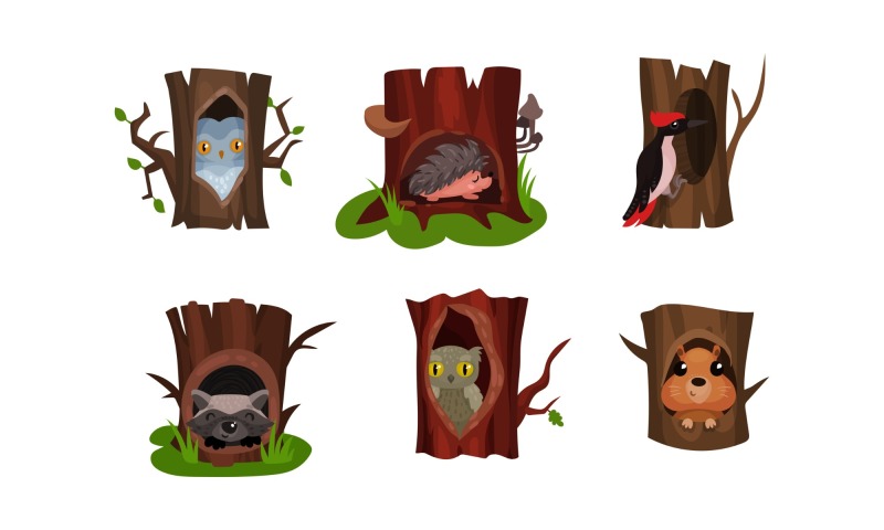Tree hole and animals icon pattern set (17)