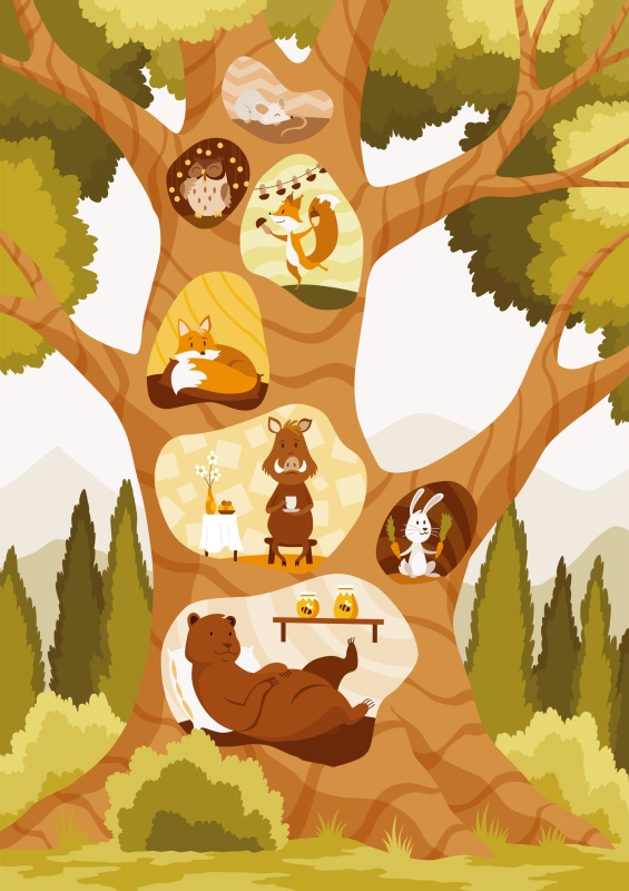 Tree hole and animals icon pattern set (1)