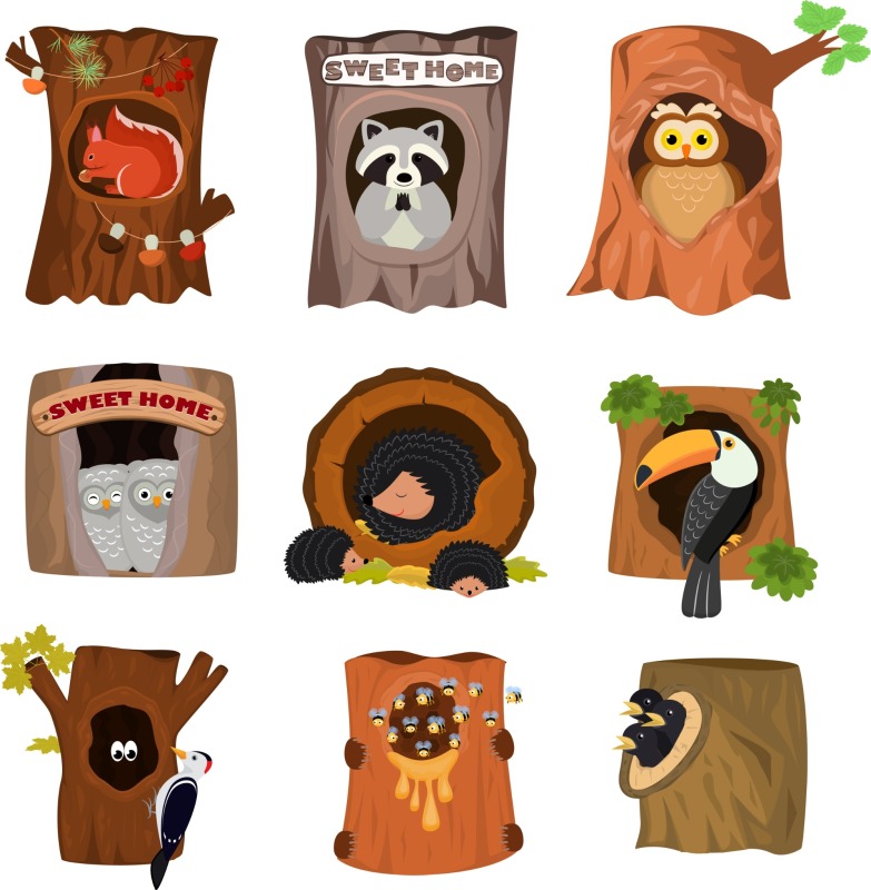 Tree hole and animals icon pattern set (3)