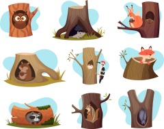 Tree hole and animals icon pattern set (18)