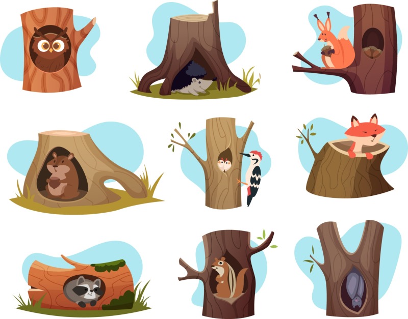 Tree hole and animals icon pattern set (18)