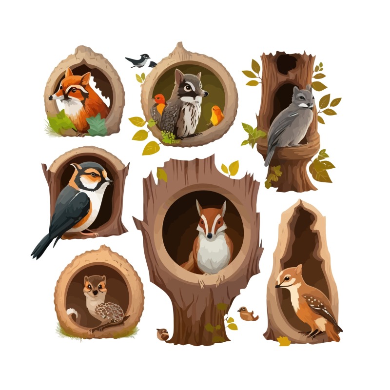 Tree hole and animals icon pattern set (4)