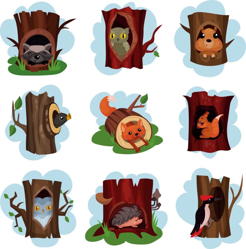 Tree hole and animals icon pattern set (12)