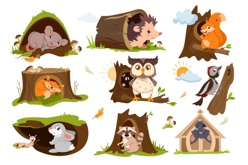 Tree hole and animals icon pattern set (26)