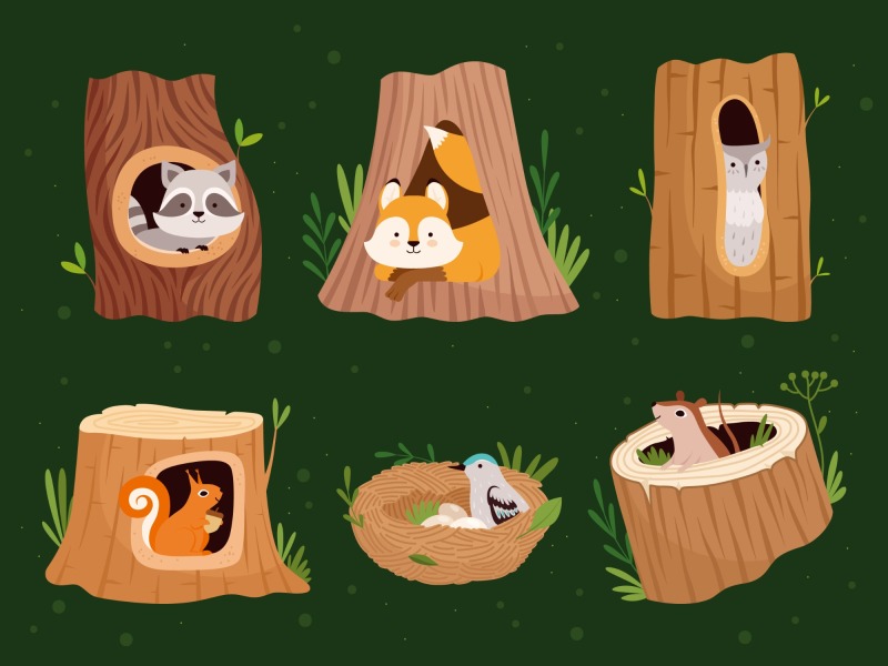 Tree hole and animals icon pattern set (24)