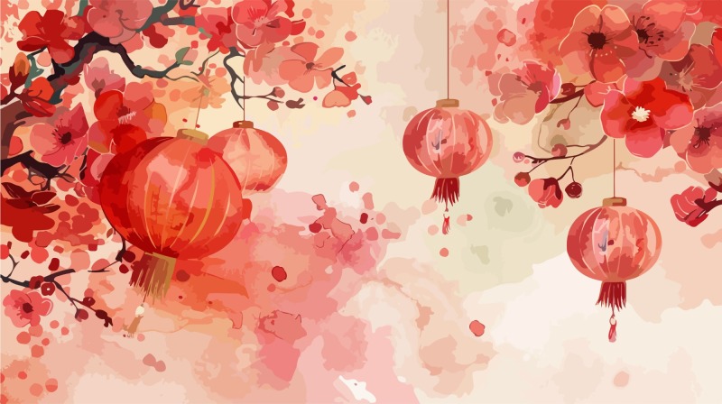 Chinese New Year red background lantern element pattern template (7)
