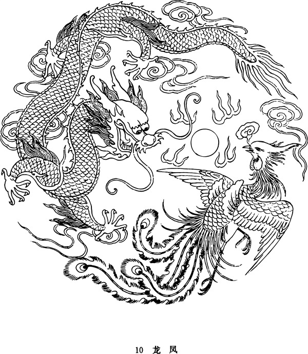 Chinese Embroidery Black & White Line Draft Template: Dragon and Phoenix in Auspicious Harmony Theme
