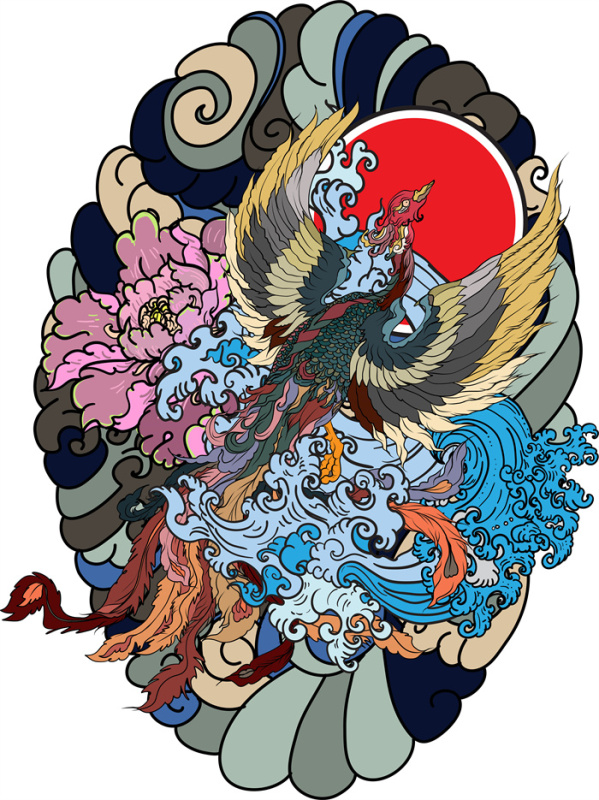 Japanese Traditional Sacred Beast Decoration Background Image: Phoenix Flying Towards Sun in Sea of Clouds​
