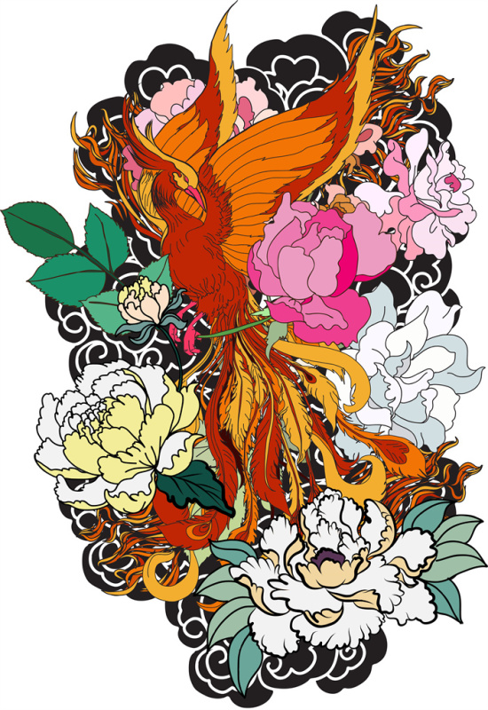Ancient Japanese Auspicious Beast Decoration: Beautiful Fire Phoenix with Flower Background​
