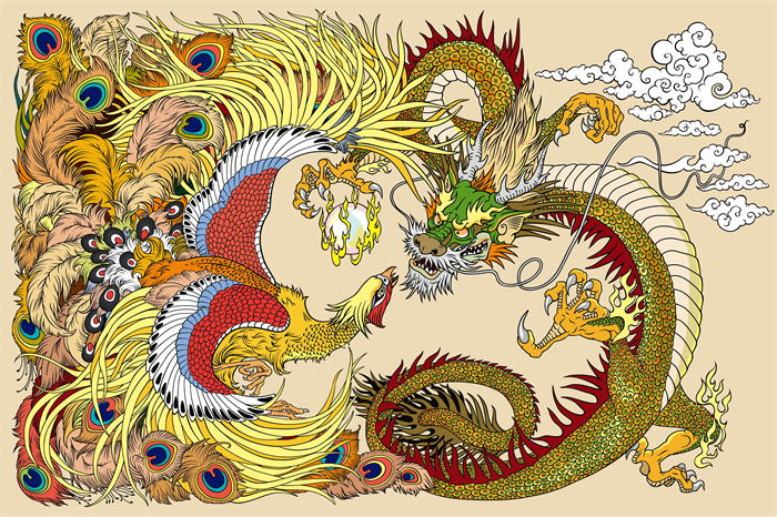 Ancient Japanese Auspicious Beast Decoration: Dragon and Phoenix Facing Each Other with Auspicious Clouds​
