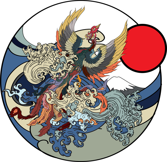 Japanese Traditional Sacred Beast Decoration Background Image: Phoenix Flying Towards Sun in Rolling Sea​
