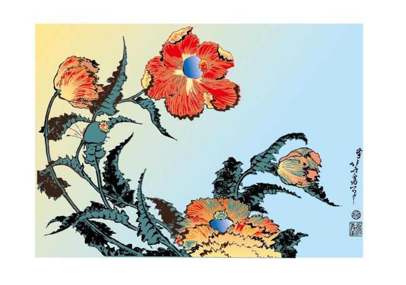 Japanese Ukiyo - e Style Decoration Pictures: Red Flowers Against Green Leaves with Clear Sky Background​
