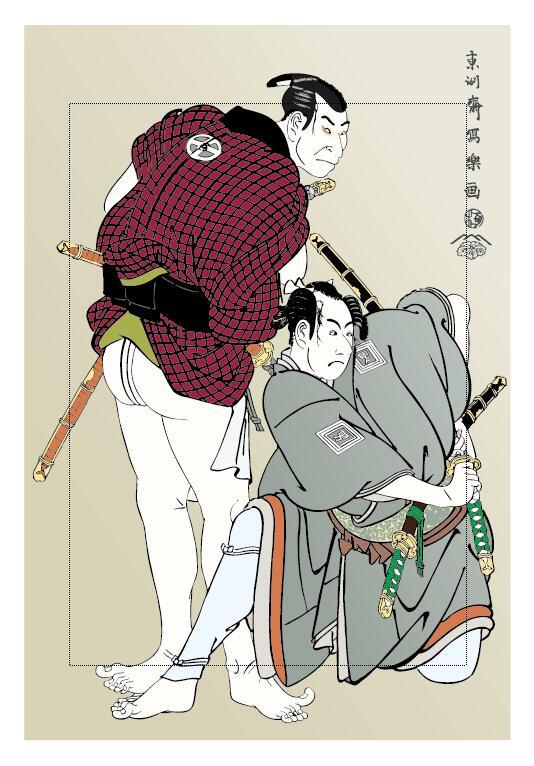 Japanese Ukiyo-e Style Decorative Background Images: Two Ancient Japanese Warriors in Kimono
