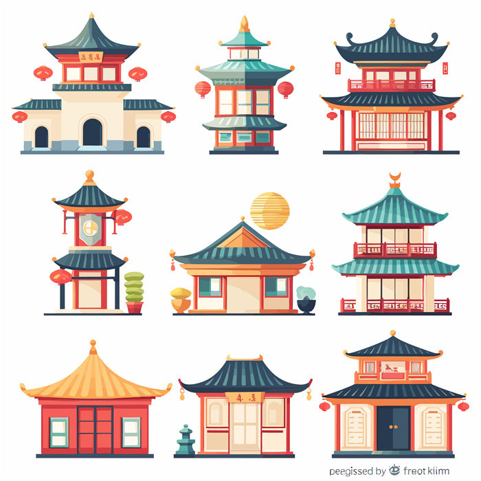 Collection of Nine Traditional Chinese Classical Architecture Icons with Festival Atmosphere​
