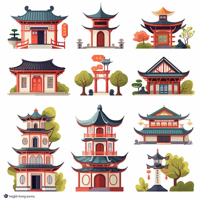 Collection of 10 Sets of Chinese Classical Building Patterns with Tree Decorations
