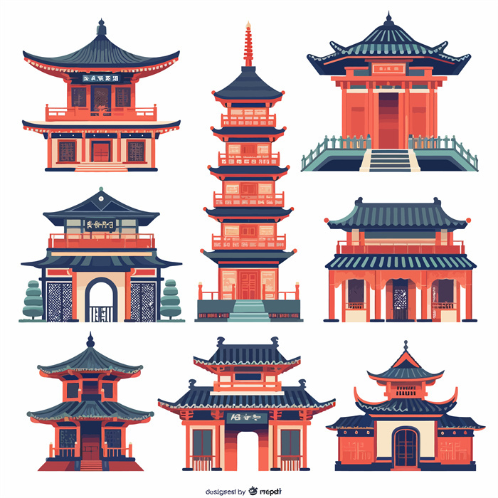 Collection of Eight Chinese Ancient Pavilion Architecture Icons​
