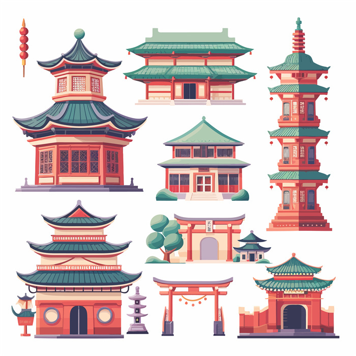 Collection of Nine Chinese Classical - Style Architecture Patterns (Pavilions & Pagodas)