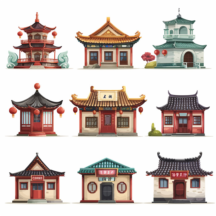 Collection of 9 Sets of Small Traditional Chinese Religious Architecture Icons