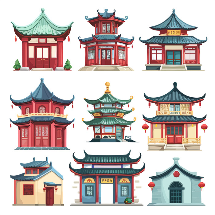 Collection of Nine Ancient Chinese Temple and Palace Architecture Icons