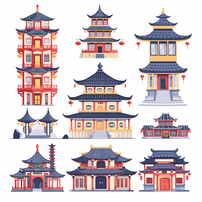 Collection of 9 Sets of Chinese Ancient Classic Royal Architecture - Shaped Icons