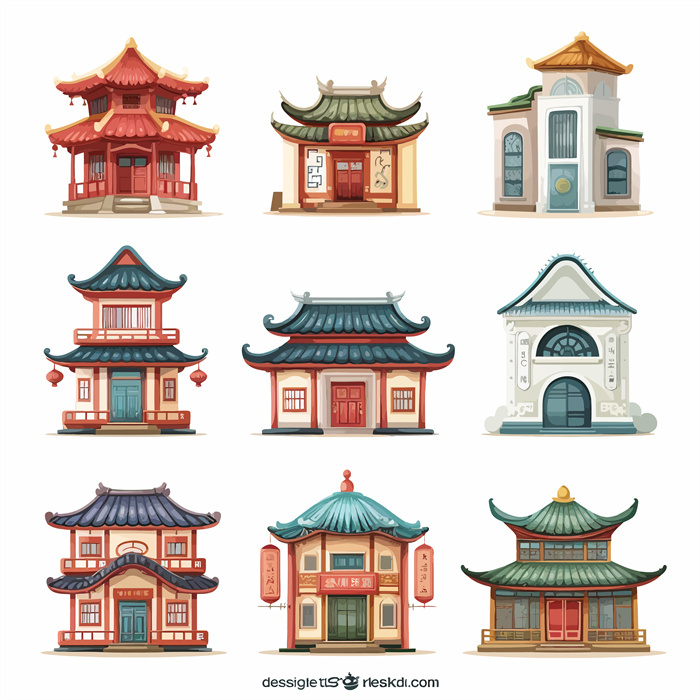 Collection of 9 Chinese Classical Style Pavilion Architecture Decoration Icons​
