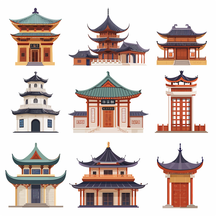 Collection of 9 Sets of Chinese Sui Dynasty Pavilion Architecture - Shaped Icons​
