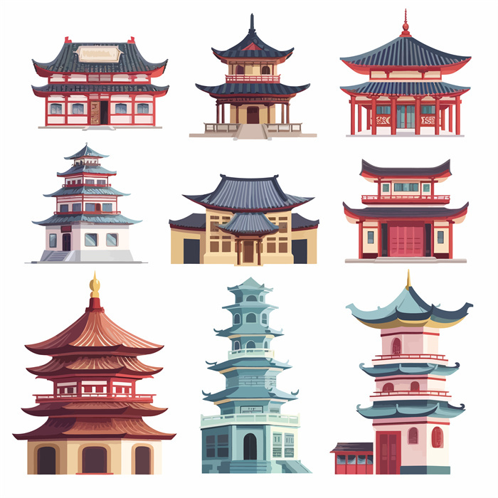 Collection of Nine Chinese Classical - Style Architecture Pattern Collections, Including Pavilions and Pagodas​
