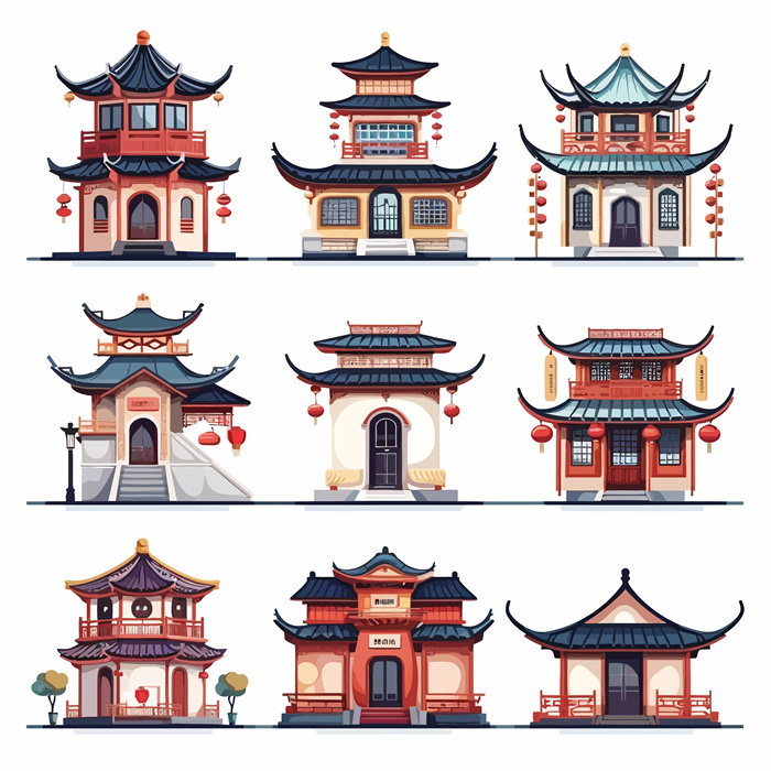 Collection of 9 Chinese Classic Ancient Pavilion Icons​
