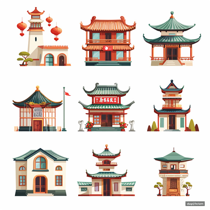 Collection of Nine Chinese Ancient - Style Architecture Icons​
