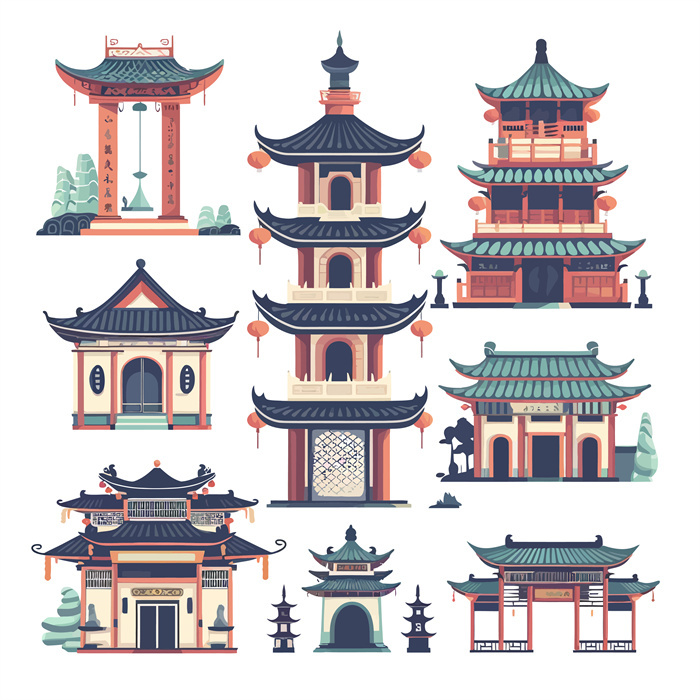 Collection of Eight Chinese Ancient Architecture Icons​
