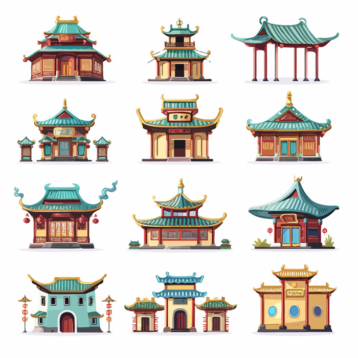 Collection of 12 Comic - Style Chinese Ancient Architecture Icons​
