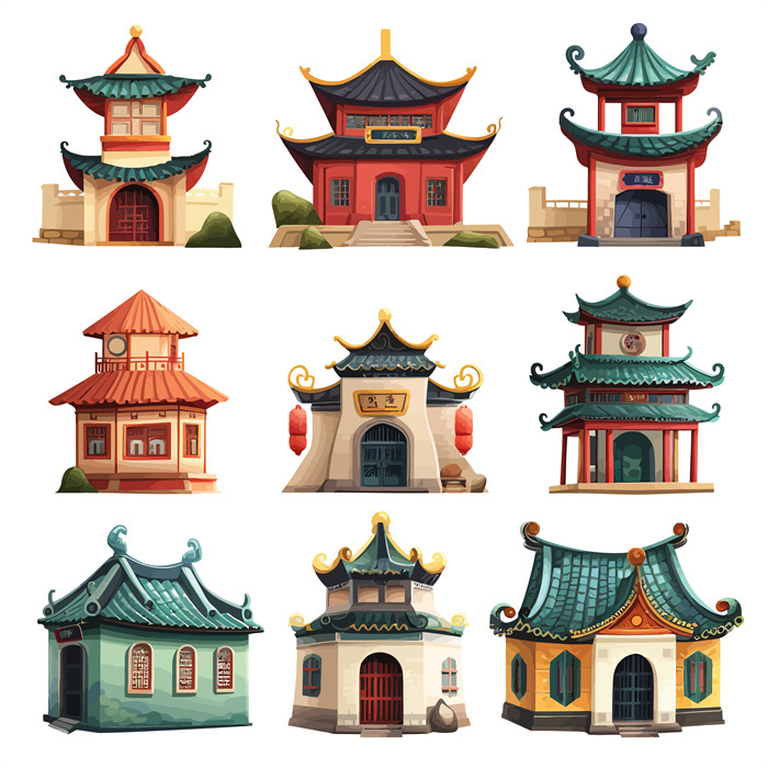 Collection of 9 Cartoon - style Chinese Ancient Pavilion Architecture Icons​
