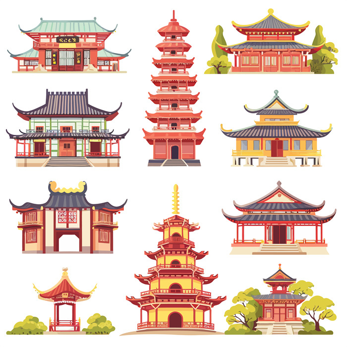 Collection of 10 Chinese Ancient Classic Architecture Icons