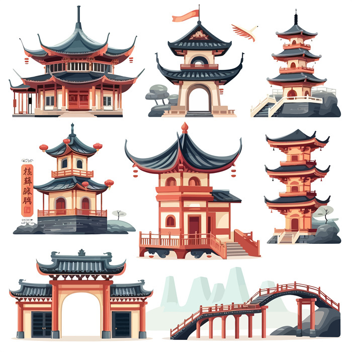 Collection of 8 Chinese Ancient Architecture Icons​

