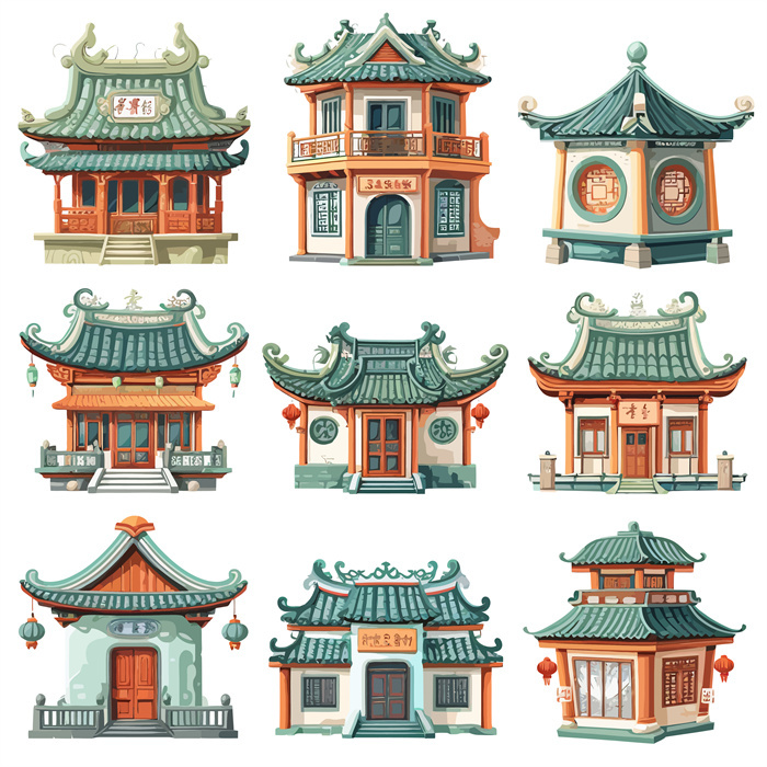 Collection of 9 Chinese Ancient Taoist Temple Architecture Decoration Pictures