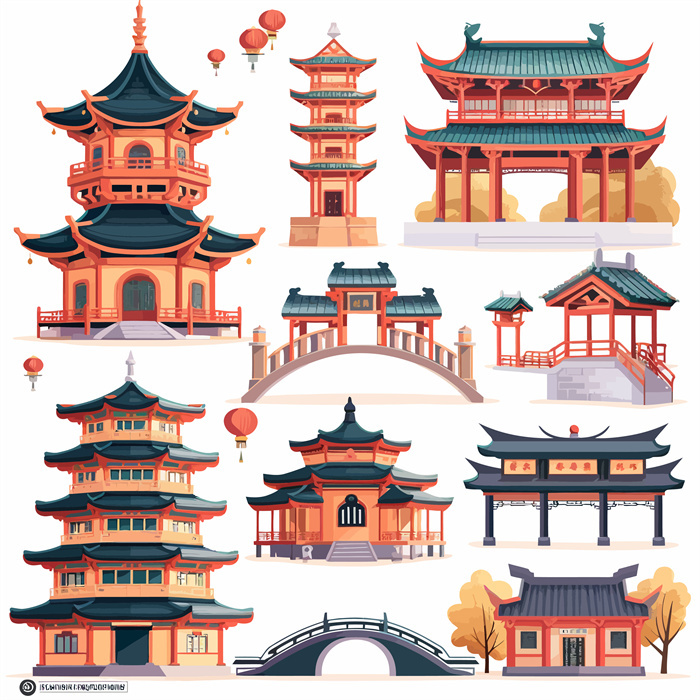 Collection of Ten Chinese Ancient Style Building Icons