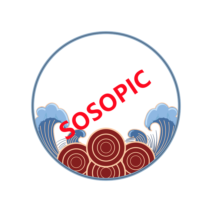 Chinese Circular Border Design Template with Blue Waves and Red Flowers