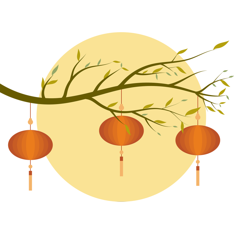 Three Chinese Lanterns Hanging on a Tree Branch under the Golden Moon​

