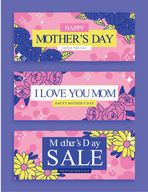 Mother's Day Tripartite Banner Template with Floral & Heart Decorations