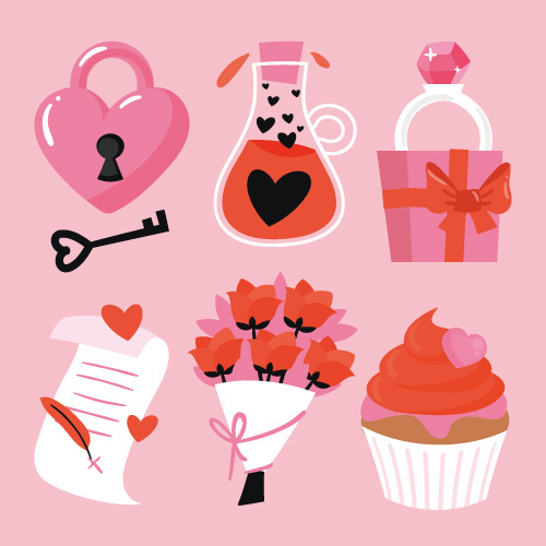 6 Romantic Valentine's Day Icons on Soft Pink Background
