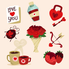 Romantic Valentine's Day Icons: Flowers, Chocolates, Strawberries & Heart Locks