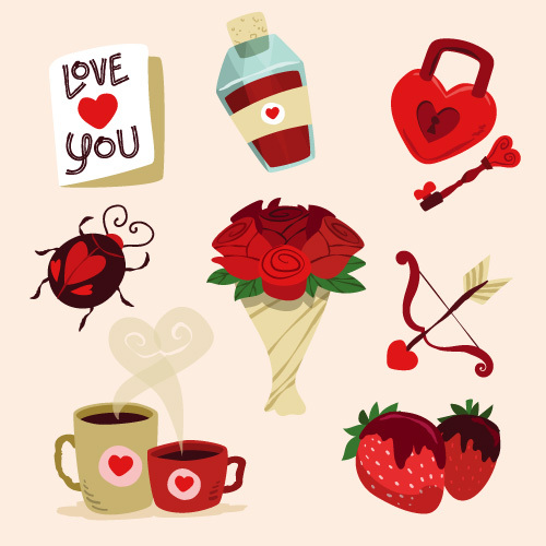 Romantic Valentine's Day Icons: Flowers, Chocolates, Strawberries & Heart Locks