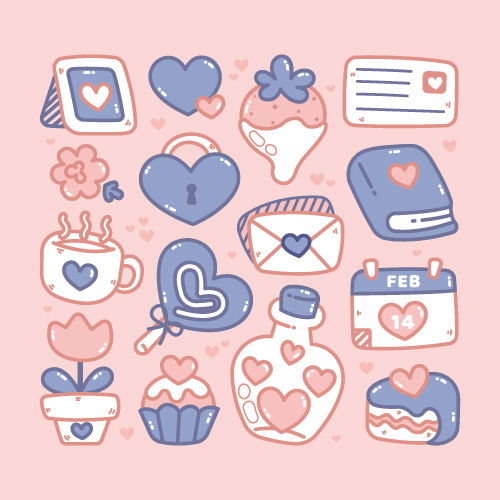 Charming Anime - style Valentine's Day Icon Set