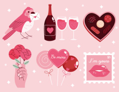 Romantic Valentine's Day Icons: Wine, Chocolate, Flowers & Love Notes
